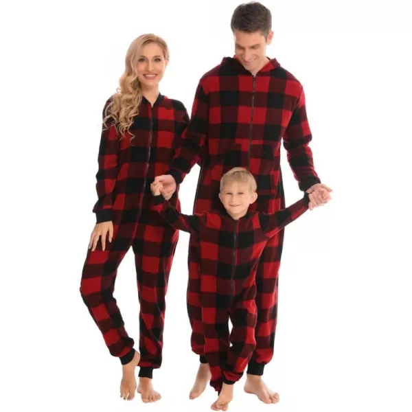 SWOMOG Matching Family Christmas One Piece Pajamas Fleece Onepiece ParentChild Zipup Jumpsuit with Pockets PjsWomen Black and Red Plaid