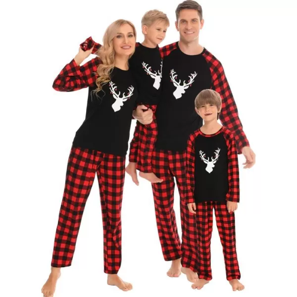 SWOMOG Matching Family Christmas Pajamas Printed Long Sleeve Tee and Plaid Pants LoungewearKids Christmas Classical Deers