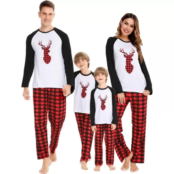 SWOMOG Matching Family Christmas Pajamas Printed Long Sleeve Tee and Plaid Pants LoungewearKids Christmas Deer