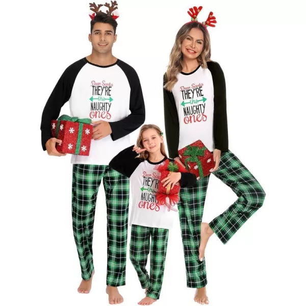 SWOMOG Matching Family Christmas Pajamas Printed Long Sleeve Tee and Plaid Pants LoungewearKids Green Letter