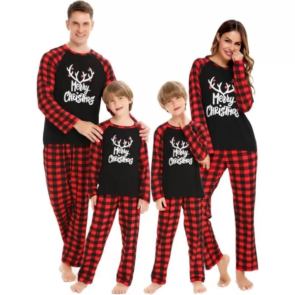 SWOMOG Matching Family Christmas Pajamas Printed Long Sleeve Tee and Plaid Pants LoungewearKids Letter Deer