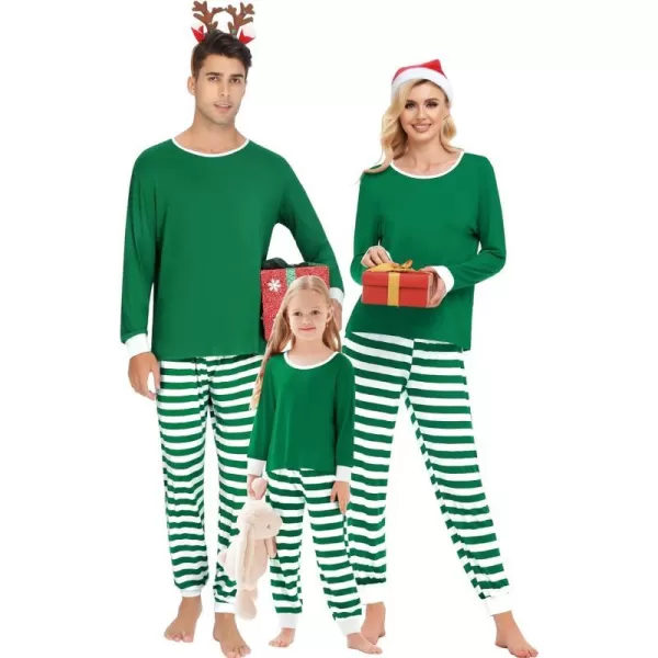 SWOMOG Matching Family Christmas Pajamas Printed Long Sleeve Tee and Plaid Pants LoungewearKids Z Green Striped