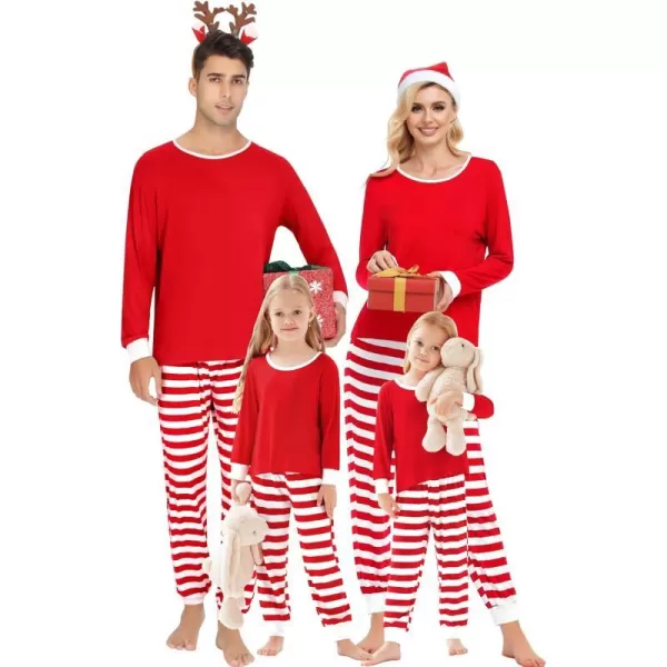 SWOMOG Matching Family Christmas Pajamas Printed Long Sleeve Tee and Plaid Pants LoungewearKids Z Red Striped