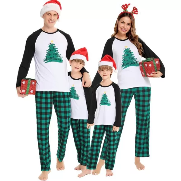 SWOMOG Matching Family Christmas Pajamas Printed Long Sleeve Tee and Plaid Pants LoungewearWomen Letter Tree