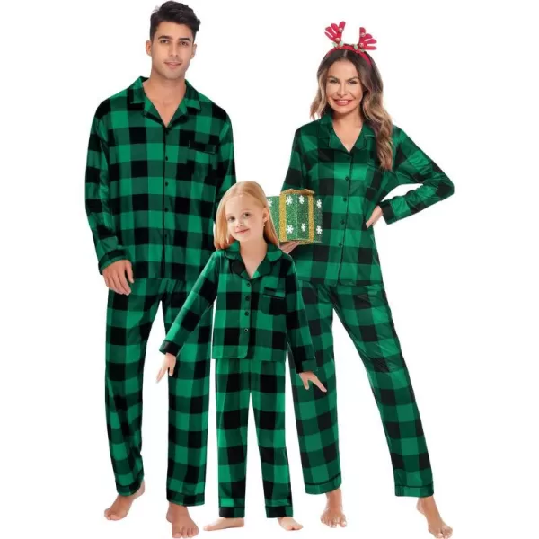 SWOMOG Matching Family Christmas Pajamas Set Long Sleeve Festival Party Pj Sets Holiday Warm Sleepwear ButtonDown LoungewearKids Big Green With Black Grid