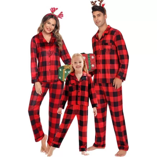 SWOMOG Matching Family Christmas Pajamas Set Long Sleeve Festival Party Pj Sets Holiday Warm Sleepwear ButtonDown LoungewearKids Big Red With Black Grid