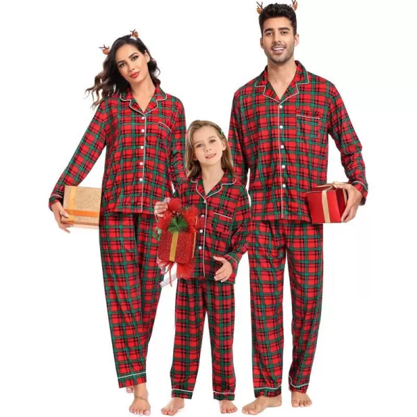 SWOMOG Matching Family Christmas Pajamas Set Long Sleeve Festival Party Pj Sets Holiday Warm Sleepwear ButtonDown LoungewearKids Red Green Grid