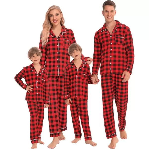 SWOMOG Matching Family Christmas Pajamas Set Long Sleeve Festival Party Pj Sets Holiday Warm Sleepwear ButtonDown LoungewearKids Red With Black Grid