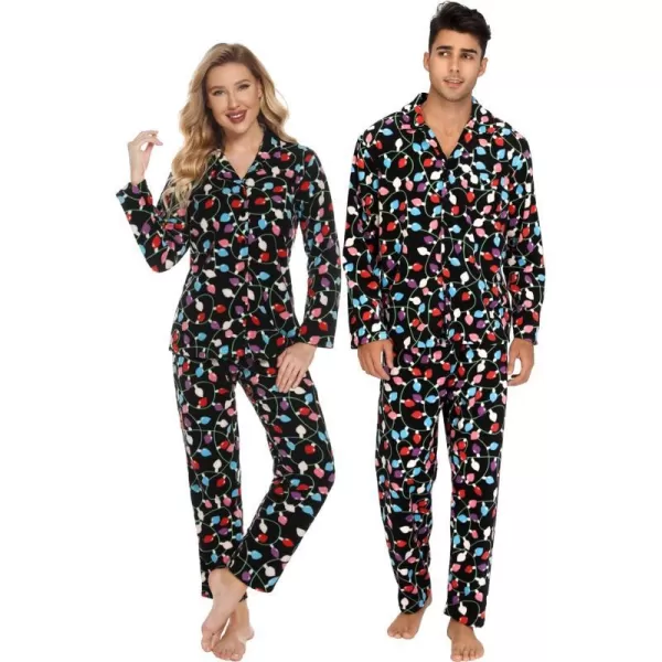 SWOMOG Matching Family Pajama Set Warm Fleece Pajamas Christmas Matching Pj Sets Long Sleeve Button Down Pjs Sleepwear SetMen Christmas Light