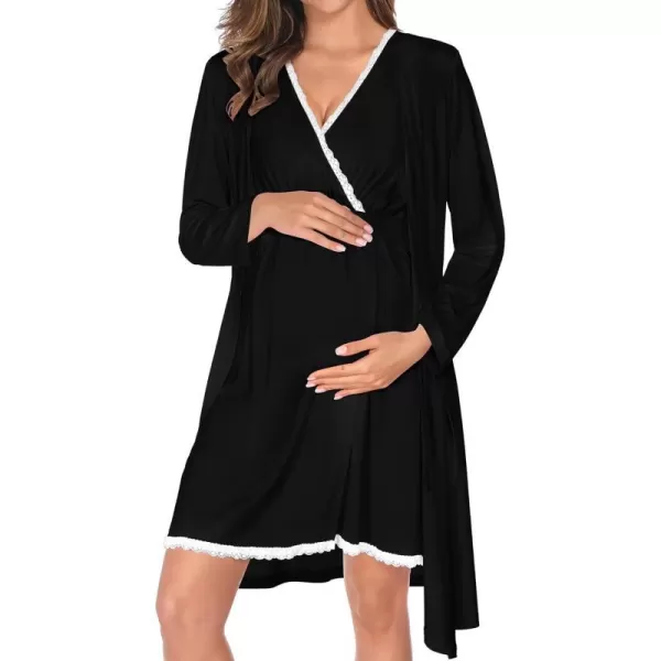 SWOMOG Maternity Nursing Gown and Robe Set 3in1 Labor Hospital Delivery 2 Pcs Nightgown for Breastfeeding Lace Nursing DressBlack