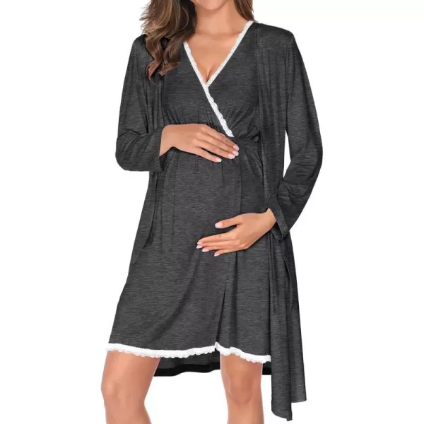 SWOMOG Maternity Nursing Gown and Robe Set 3in1 Labor Hospital Delivery 2 Pcs Nightgown for Breastfeeding Lace Nursing DressDark Grey