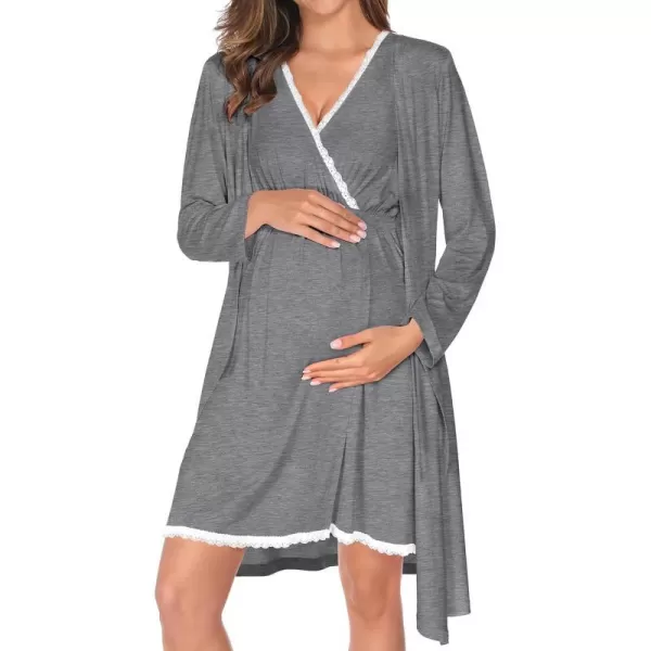 SWOMOG Maternity Nursing Gown and Robe Set 3in1 Labor Hospital Delivery 2 Pcs Nightgown for Breastfeeding Lace Nursing DressGrey