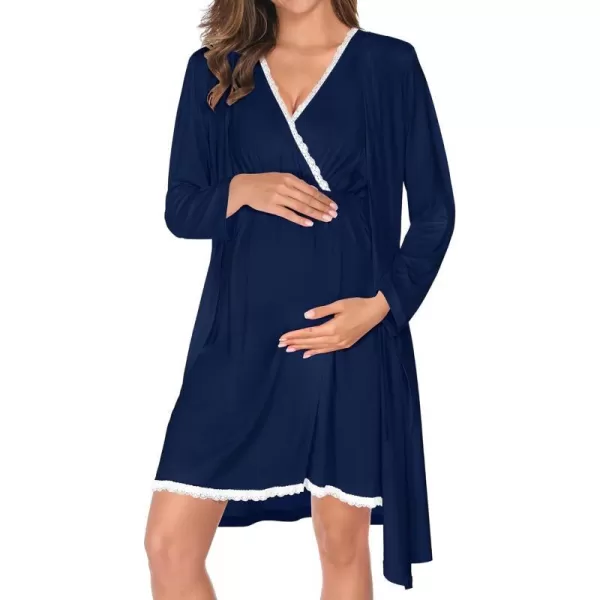 SWOMOG Maternity Nursing Gown and Robe Set 3in1 Labor Hospital Delivery 2 Pcs Nightgown for Breastfeeding Lace Nursing DressNavy Blue