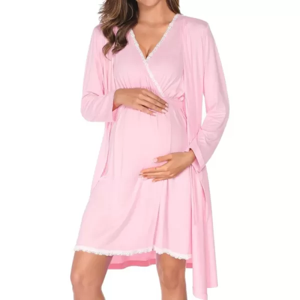 SWOMOG Maternity Nursing Gown and Robe Set 3in1 Labor Hospital Delivery 2 Pcs Nightgown for Breastfeeding Lace Nursing DressPink