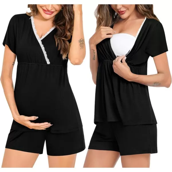 SWOMOG Maternity Nursing Pajamas Set 2 PCS Breastfeeding Sleepwear Short Sleeve Top  Shorts Pregnancy Pjs Set for HospitalBlack