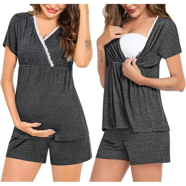 SWOMOG Maternity Nursing Pajamas Set 2 PCS Breastfeeding Sleepwear Short Sleeve Top  Shorts Pregnancy Pjs Set for HospitalDeep Grey