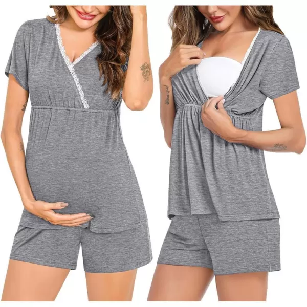 SWOMOG Maternity Nursing Pajamas Set 2 PCS Breastfeeding Sleepwear Short Sleeve Top  Shorts Pregnancy Pjs Set for HospitalGrey