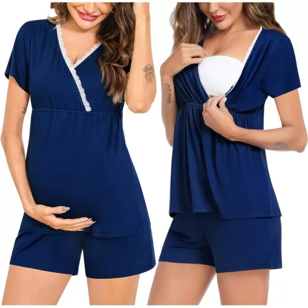 SWOMOG Maternity Nursing Pajamas Set 2 PCS Breastfeeding Sleepwear Short Sleeve Top  Shorts Pregnancy Pjs Set for HospitalNavy Blue