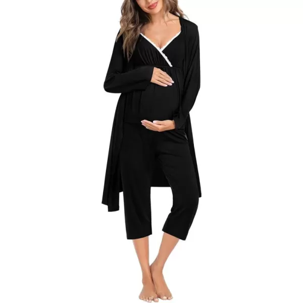 SWOMOG Maternity Nursing Robe Set 3 PCS Breastfeeding Capri Pajamas Set 3 in 1 Labor Delivery Sleepwear Pregnancy PjsBlack