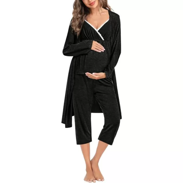 SWOMOG Maternity Nursing Robe Set 3 PCS Breastfeeding Capri Pajamas Set 3 in 1 Labor Delivery Sleepwear Pregnancy PjsBlack Grey