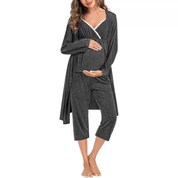 SWOMOG Maternity Nursing Robe Set 3 PCS Breastfeeding Capri Pajamas Set 3 in 1 Labor Delivery Sleepwear Pregnancy PjsDeep Grey