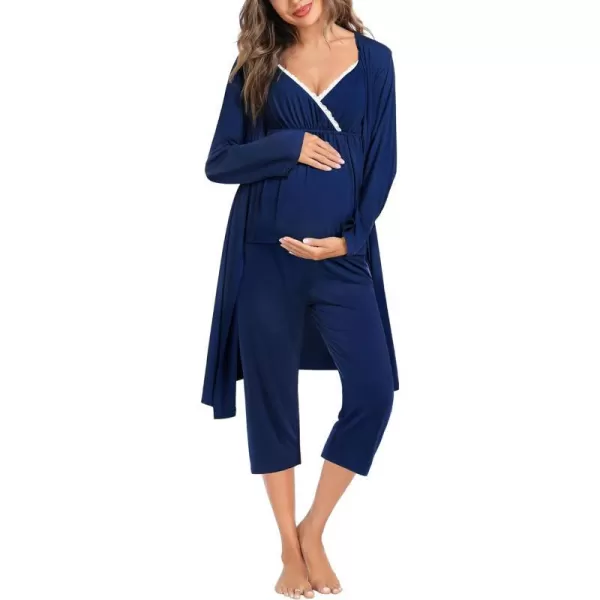 SWOMOG Maternity Nursing Robe Set 3 PCS Breastfeeding Capri Pajamas Set 3 in 1 Labor Delivery Sleepwear Pregnancy PjsNavy Blue