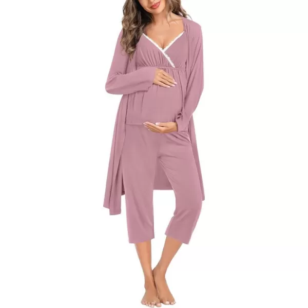 SWOMOG Maternity Nursing Robe Set 3 PCS Breastfeeding Capri Pajamas Set 3 in 1 Labor Delivery Sleepwear Pregnancy PjsTaro