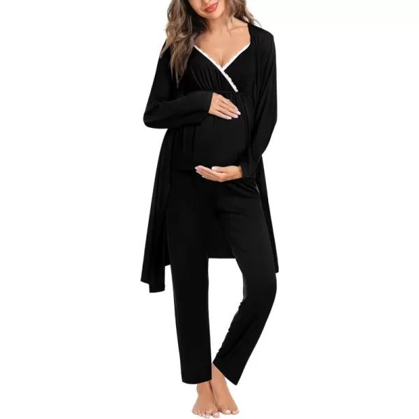 SWOMOG Maternity Nursing Robe Set 3 Piece Breastfeeding Pajamas 3 in 1 Labor Delivery Sleevless TopsLong Pants Pregnancy PjsBlack