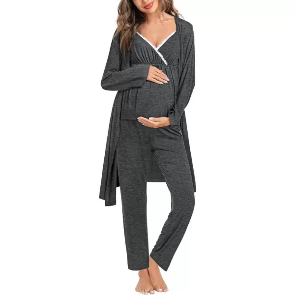 SWOMOG Maternity Nursing Robe Set 3 Piece Breastfeeding Pajamas 3 in 1 Labor Delivery Sleevless TopsLong Pants Pregnancy PjsDeep Grey