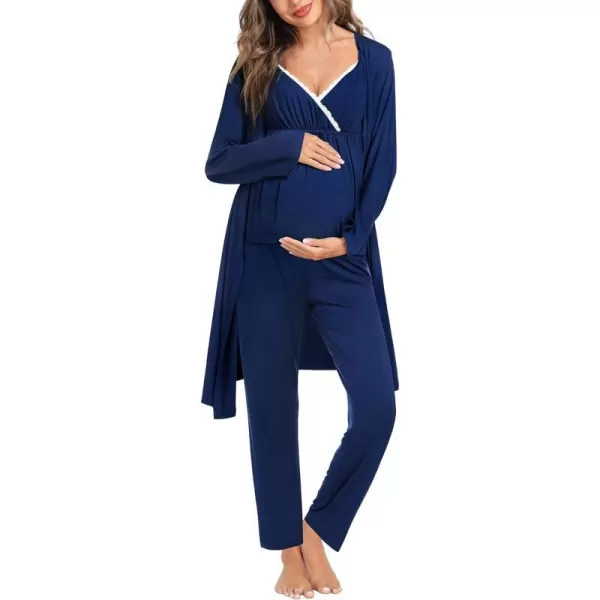 SWOMOG Maternity Nursing Robe Set 3 Piece Breastfeeding Pajamas 3 in 1 Labor Delivery Sleevless TopsLong Pants Pregnancy PjsNavy Blue