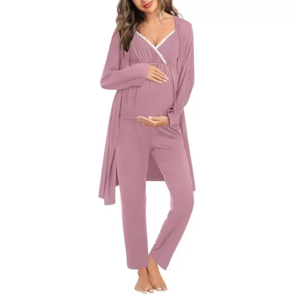 SWOMOG Maternity Nursing Robe Set 3 Piece Breastfeeding Pajamas 3 in 1 Labor Delivery Sleevless TopsLong Pants Pregnancy PjsTaro Purple