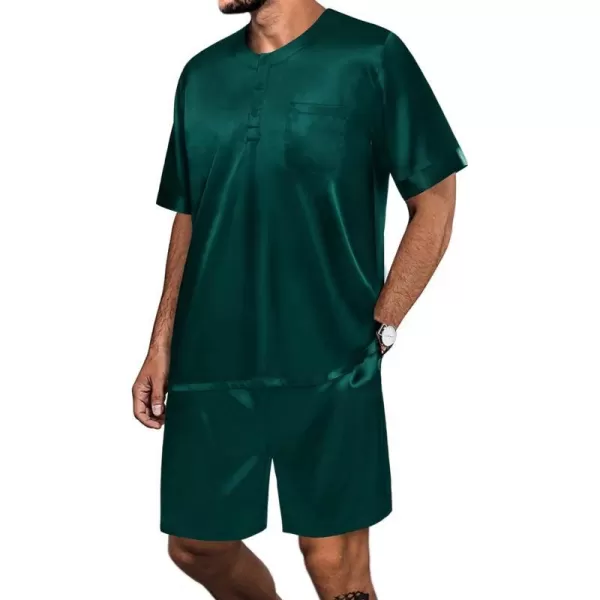 SWOMOG Men Satin Pajamas Set Short Sleeve Silk Sleepwear Button Down 2 Piece Loungewear with PocketsDeep Green