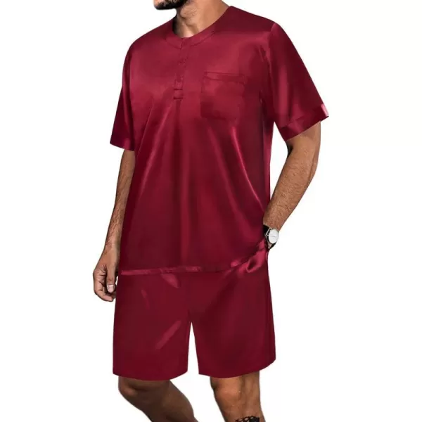 SWOMOG Men Satin Pajamas Set Short Sleeve Silk Sleepwear Button Down 2 Piece Loungewear with PocketsWine Red