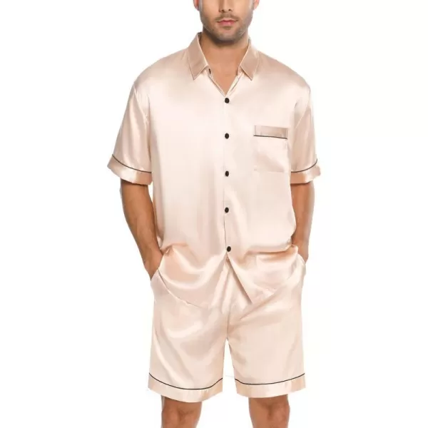 SWOMOG Men Silk Satin Pajamas Set Button Down Sleepwear Short Sleeve Pjs Set Soft 2 Piece Lounge Set Nightwear with PocketsChampagne