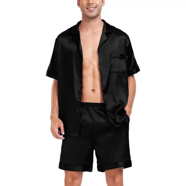 SWOMOG Men Silk Satin Pajamas Sets Short Sleeve Sleepwear ButtonDown PJs Sets TwoPieces Loungewear with PocketsBlack Black