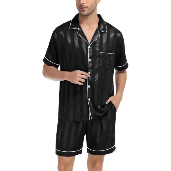 SWOMOG Men Silk Satin Pajamas Sets Short Sleeve Sleepwear ButtonDown PJs Sets TwoPieces Loungewear with PocketsBlack Sriped