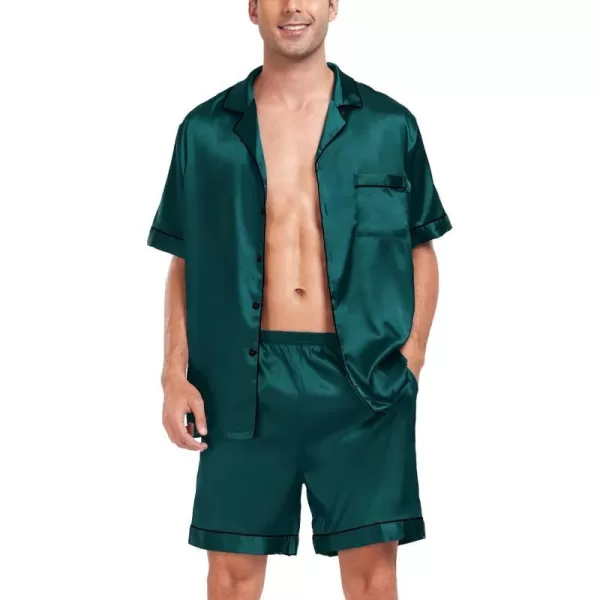 SWOMOG Men Silk Satin Pajamas Sets Short Sleeve Sleepwear ButtonDown PJs Sets TwoPieces Loungewear with PocketsDark Green