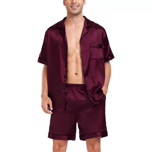 SWOMOG Men Silk Satin Pajamas Sets Short Sleeve Sleepwear ButtonDown PJs Sets TwoPieces Loungewear with PocketsDark Wine Red