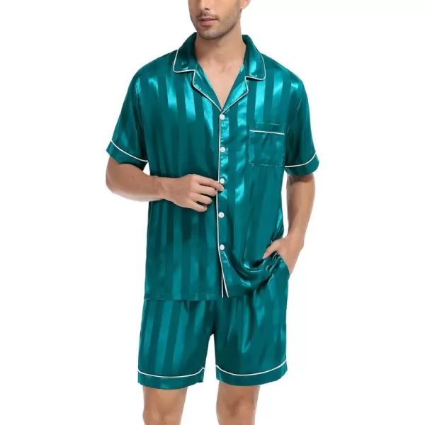 SWOMOG Men Silk Satin Pajamas Sets Short Sleeve Sleepwear ButtonDown PJs Sets TwoPieces Loungewear with PocketsGray Sriped