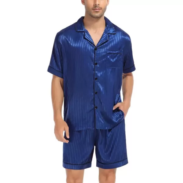 SWOMOG Men Silk Satin Pajamas Sets Short Sleeve Sleepwear ButtonDown PJs Sets TwoPieces Loungewear with PocketsNavy Blue Small Sriped