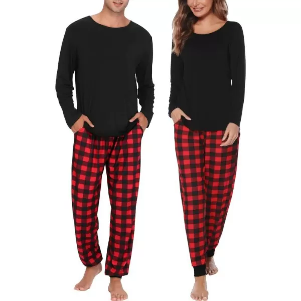 SWOMOG Men amp Women amp Kids Matching Pajama Sets for Family Couples Long Sleeve Sleepwear Plaid Striped Pants with PocketsMen Black2 Solid Top