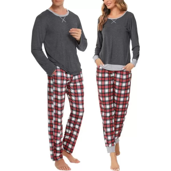 SWOMOG Men amp Women amp Kids Matching Pajama Sets for Family Couples Long Sleeve Sleepwear Plaid Striped Pants with PocketsMen Dark Grey Red Grid