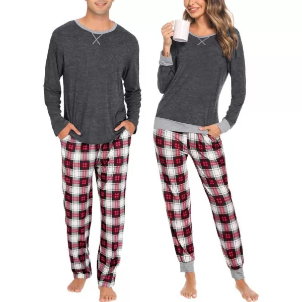 SWOMOG Men amp Women amp Kids Matching Pajama Sets for Family Couples Long Sleeve Sleepwear Plaid Striped Pants with PocketsMen Dark Grey1 Black Grid