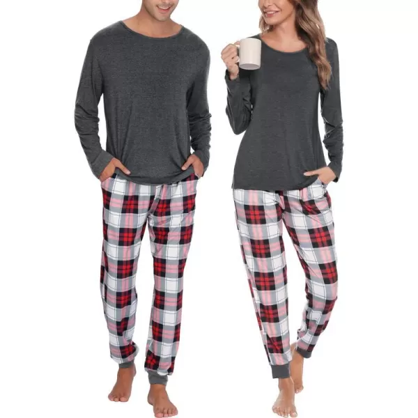 SWOMOG Men amp Women amp Kids Matching Pajama Sets for Family Couples Long Sleeve Sleepwear Plaid Striped Pants with PocketsMen Dark Grey2 Solid Top