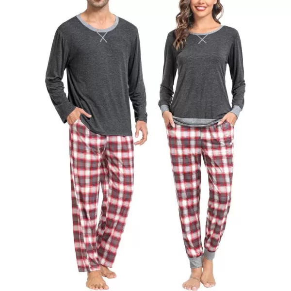 SWOMOG Men amp Women amp Kids Matching Pajama Sets for Family Couples Long Sleeve Sleepwear Plaid Striped Pants with PocketsMen Dark Greya Grey Grid