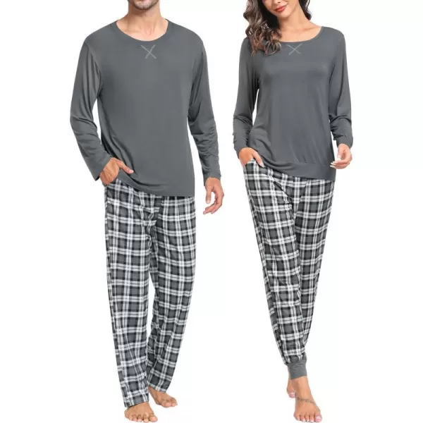 SWOMOG Men amp Women amp Kids Matching Pajama Sets for Family Couples Long Sleeve Sleepwear Plaid Striped Pants with PocketsMen Dark Pure Grey