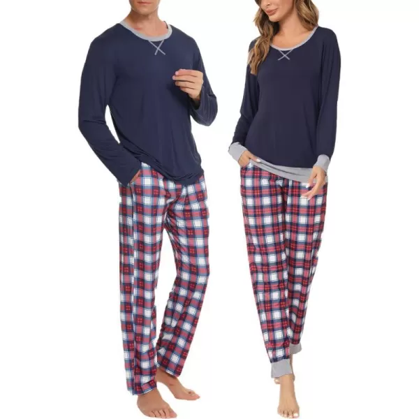 SWOMOG Men amp Women amp Kids Matching Pajama Sets for Family Couples Long Sleeve Sleepwear Plaid Striped Pants with PocketsMen Navy Blue Red Grid