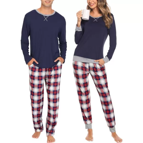 SWOMOG Men amp Women amp Kids Matching Pajama Sets for Family Couples Long Sleeve Sleepwear Plaid Striped Pants with PocketsMen Navy Blue1 Blue Grid