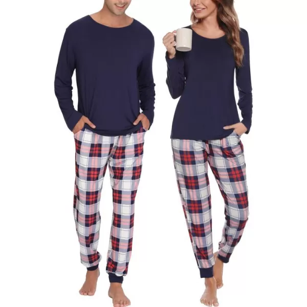 SWOMOG Men amp Women amp Kids Matching Pajama Sets for Family Couples Long Sleeve Sleepwear Plaid Striped Pants with PocketsMen Navy Blue2 Solid Top