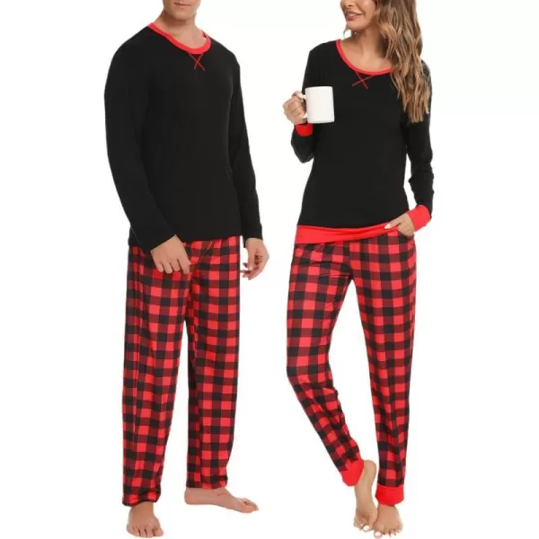 SWOMOG Men amp Women amp Kids Matching Pajama Sets for Family Couples Long Sleeve Sleepwear Plaid Striped Pants with PocketsWomen Black Red Grid